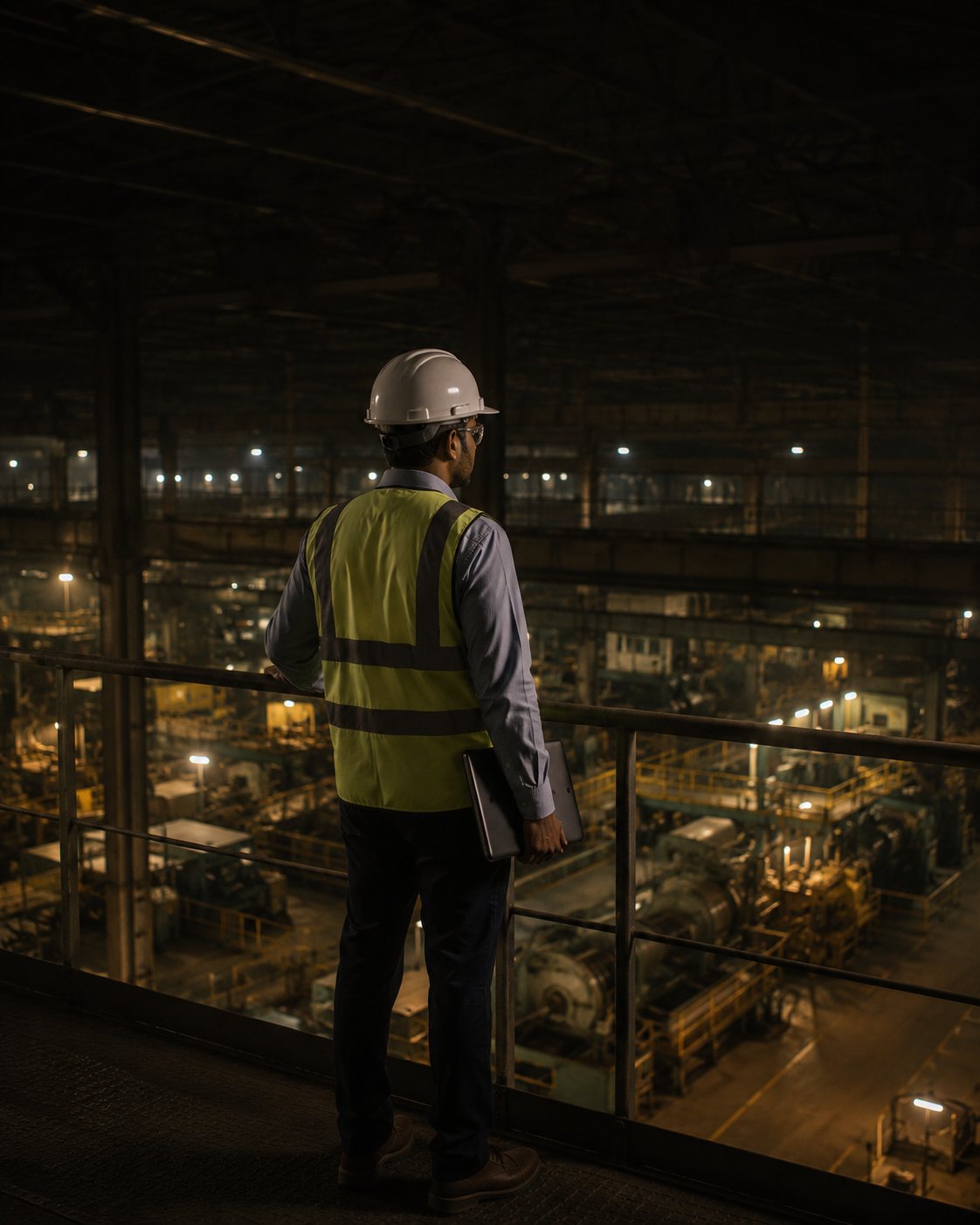 Engineer overlooking plant and machinery at night