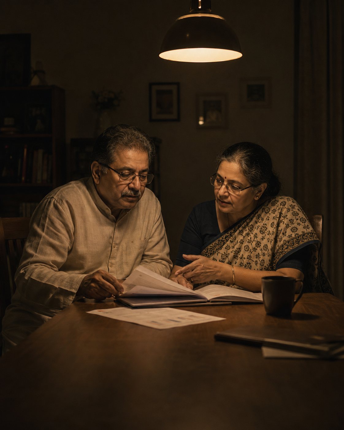 A couple reviewing their policy documents at home